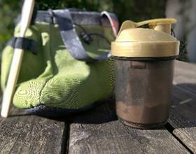 Protein shake and chalk bag